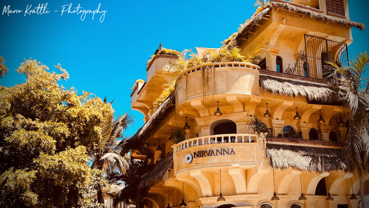 Colorful facade of the Nirvana Spa building in Sayulita, Mexico